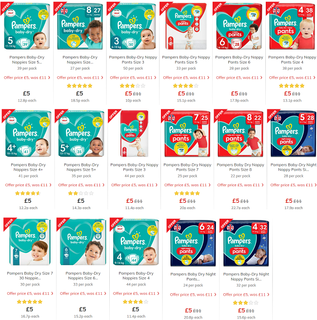 Screenshot of selected Pampers Nappies Packs for £5 at Morrisons