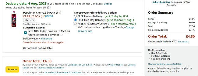 Screenshot showing Pepsi Max Cherry 2L Bottle x 4 for £4.80 at Amazon