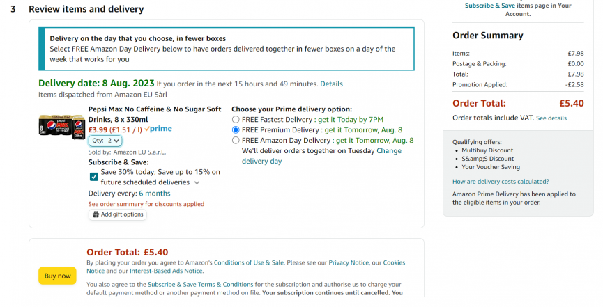 Screenshot showing 16 x Pepsi Max No Caffeine & No Sugar Soft Drinks 330ml for £5.40 at Amazon