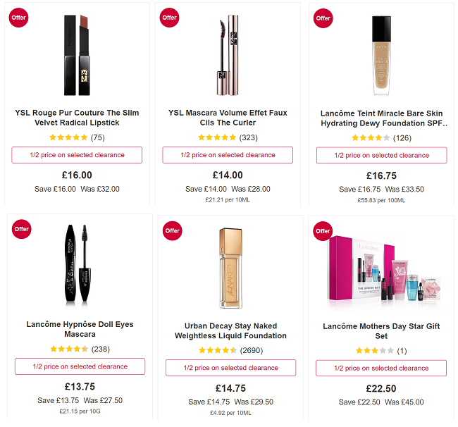 Screenshot showing Half Price Premium Beauty Clearance at Boots