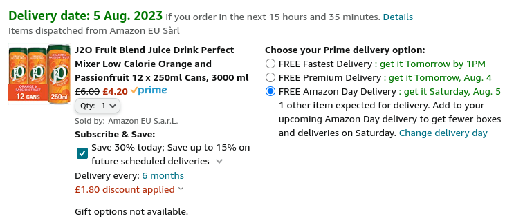 J2O Fruit Blend Orange and Passionfruit 12 x 250ml Cans £4.20 @ Amazon