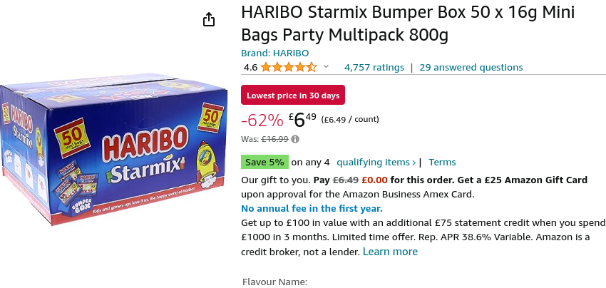 HARIBO Starmix Bumper Box 50 x 16g Mini Bags Party Multipack 800g £6.49 @ Amazon