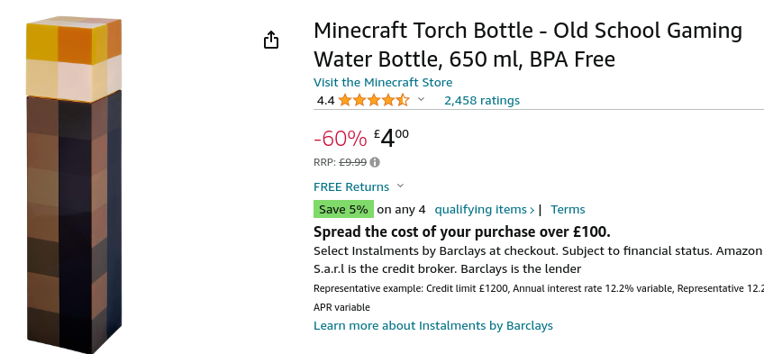Minecraft torch water bottle deals