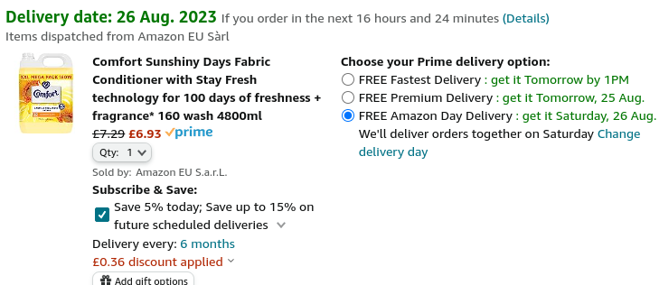 Comfort Sunshiny Days Fabric Conditioner 160 Wash £6.93 @ Amazon