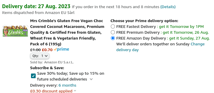 Mrs Crimble's Gluten Free Vegan Choc Covered Coconut Macaroons 70p @ Amazon