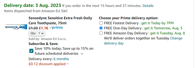 Screenshot showing Sensodyne Sensitive Extra Fresh Daily Care Toothpaste 75ml for £1.16 at Amazon