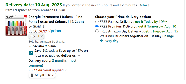 Screenshot of Sharpie Permanent Markers Fine Point Assorted Colours 12 Pack for £6.17 @ Amazon