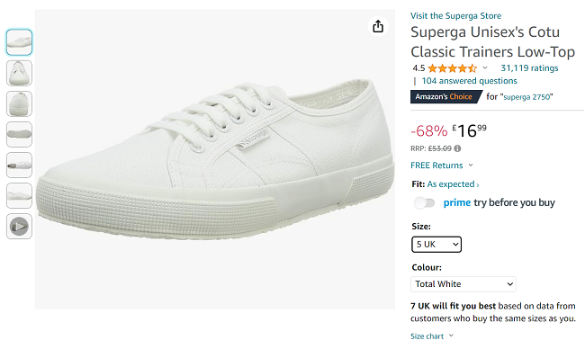 Screenshot showing Superga Unisex Cotu Classic Trainers Low-Top for £16.99 at Amazon
