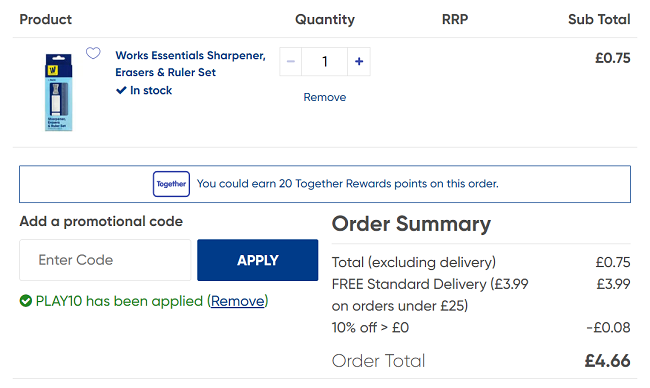 Screenshot showing Works Essentials Sharpener, Erasers & Ruler Set for 67p with code at The Works