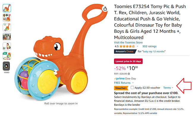 Screenshot showing Tomy Jurassic World Pic and Push T Rex for £7.50 at Amazon
