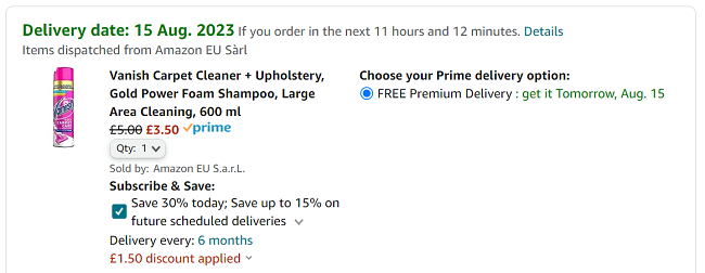 Screenshot showing Vanish Carpet & Upholstery Cleaner Gold Power Foam Shampoo 600ml for £3.50 at Amazon