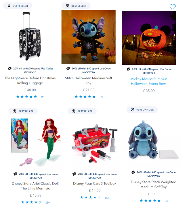 Screenshot of 20% Off When You Spend £40 offer at shopDisney