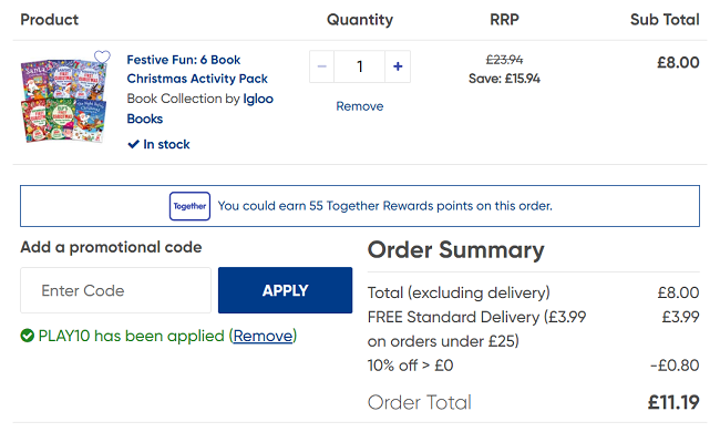 Screenshot showing 6 Book Christmas Activity Pack for £7.20 at The Works