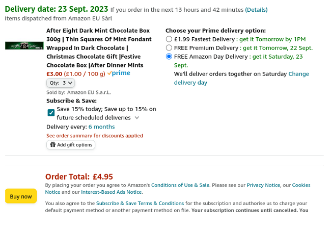 Screenshot showing 3 x After Eight Dark Mint Chocolate Box 300g for £4.95 at Amazon
