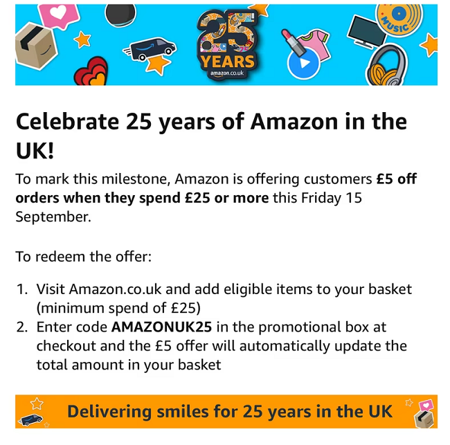 Screenshot showing £5 Off When You Spend £25 offer at Amazon