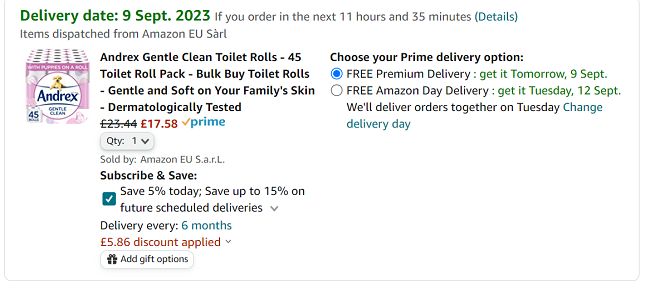 Screenshot showing Andrex Gentle Clean Toilet Rolls 45 Pack for £17.58 at Amazon