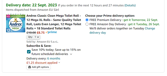 Screenshot showing Andrex Classic Clean Mega Toilet Roll 12 Mega XL Rolls for £8.75 at Amazon