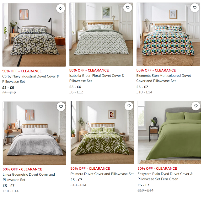 Screenshot of clearance Duvet Cover Sets at Dunelm