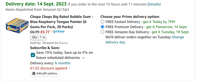 Screenshot showing Chupa Chups Big Babol Bubble Gum Blue Raspberry Tongue Painter (6 Gums Per Pack, 20 Packs) for £5.77 at Amazon