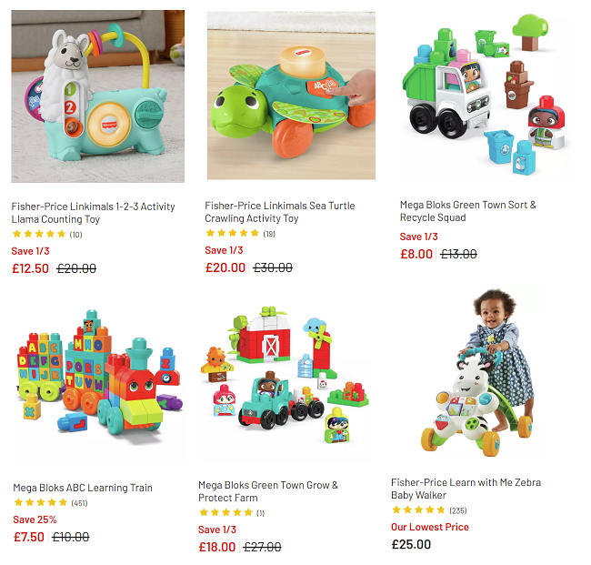 Screenshot of reduced Fisher-Price and Mega Bloks toys at Argos