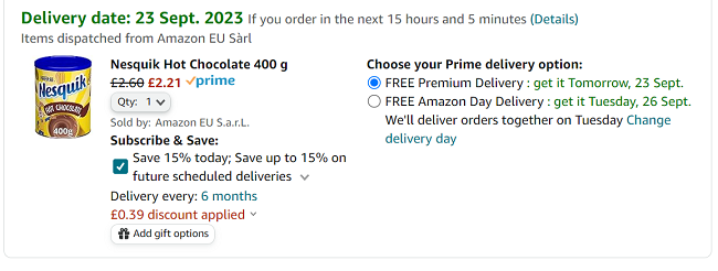 Screenshot showing Nesquik Hot Chocolate 400g for £2.21 at Amazon 