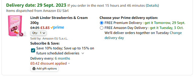 Screenshot showing Lindt Lindor Strawberries and Cream 200g for £3.83 at Amazon