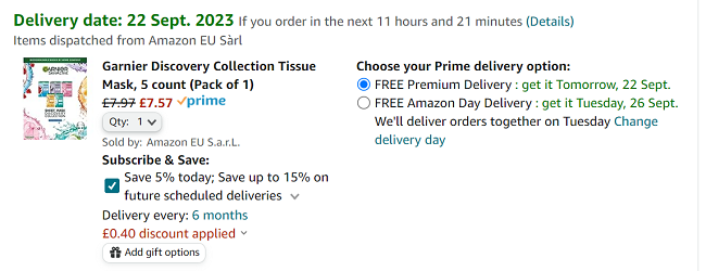 Screenshot showing Garnier Tissue Mask Discovery Collection for £7.57 at Amazon
