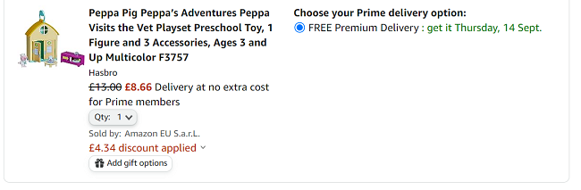 Screenshot showing Peppa Visits the Vet Playset for £8.66 at Amazon