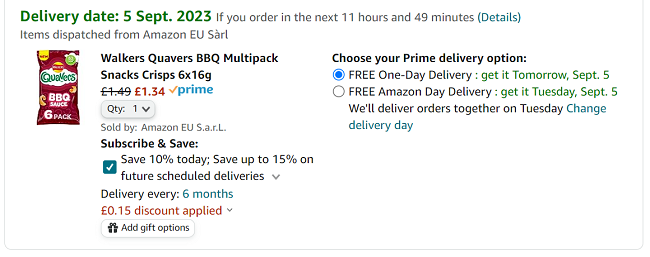 Screenshot showing Walkers Quavers BBQ Multipack Snacks Crisps 6x16g for £1.34 at Amazon