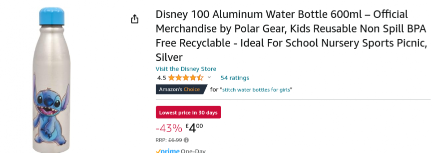Disney Stitch Aluminium Water Bottles From £4 @