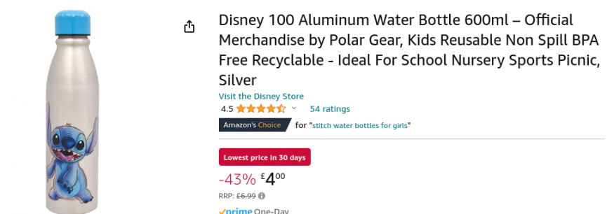 Disney Stitch Aluminium Water Bottles From £4 @ Amazon