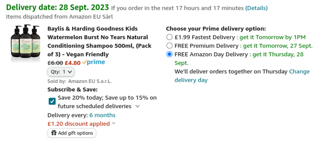 Screenshot showing Baylis & Harding Goodness Kids Watermelon Burst No Tears Natural Conditioning Shampoo 500ml x 3 for £4.80 at Amazon