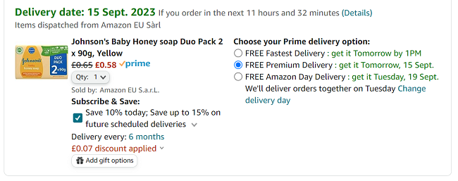 Screenshot showing Johnson's Baby Honey Soap Duo Pack 2 x 90g for 58p at Amazon