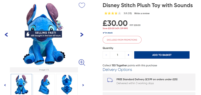 Large Disney Stitch Plush Toy with Sounds £30 (was £50) @ The Works