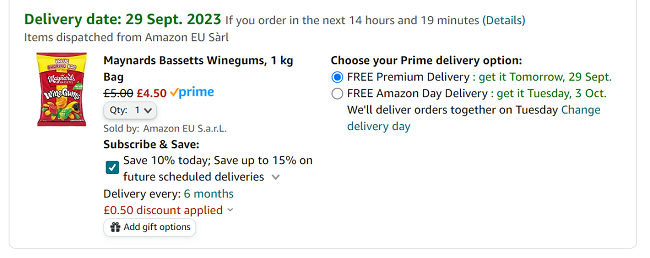 Screenshot showing Maynards Wine Gums 1KG Share Bag for £4.50 at Amazon