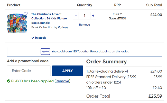 Screenshot showing The Christmas Advent Collection: 24 Kids Picture Books Bundle for £21.60 with code at The Works