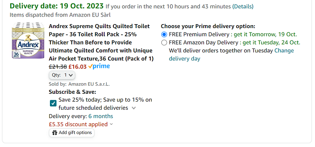 Screenshot of Andrex Supreme Quilts Quilted Toilet Paper 36 Pack for £16.03 at Amazon