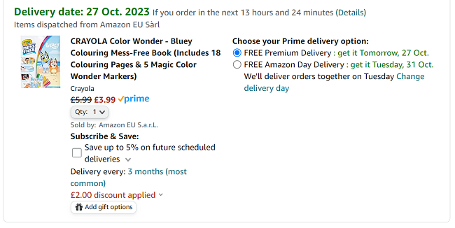 Screenshot of Crayola Colour Wonder Bluey Colouring Mess-Free Book & Markers for £3.99 at Amazon