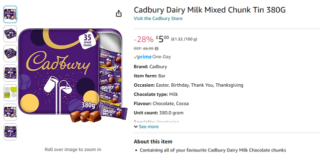 Screenshot of Cadbury Dairy Milk Mixed Chunk Tin 380G for £5 at Amazon