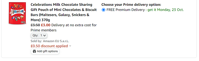 Screenshot of Celebrations Sharing Pouch 370g for £3 at Amazon
