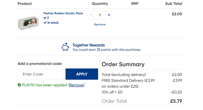 Screenshot showing Festive Rubber Ducks Pack of 3 £1.80 with code at The Works