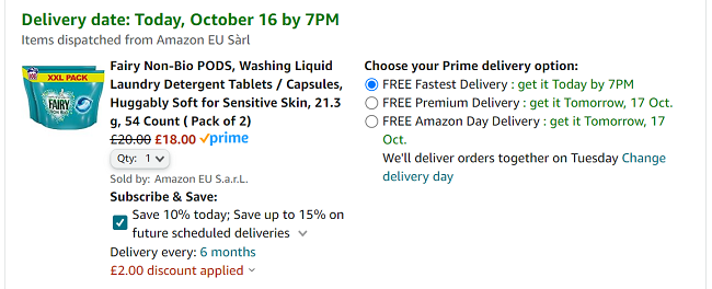 Screenshot of Fairy Non-Bio Pods 2 x 54 Pack for £18 at Amazon