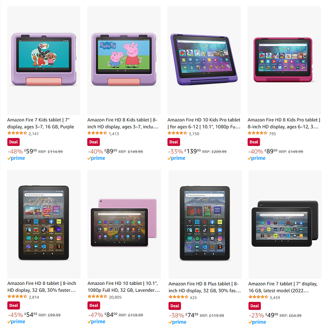 Screenshot showing reduced Amazon Fire Tablets