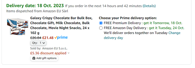 Screenshot showing Galaxy Crispy Chocolate Bar Bulk Box 24 x 102g for £21.48 at Amazon