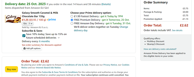 Screenshot showing Galaxy Smooth Caramel & Milk Chocolate Bar 135g 3 for £2.62 at Amazon