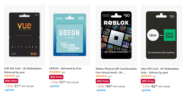 Screenshot of reduced gift cards at Amazon