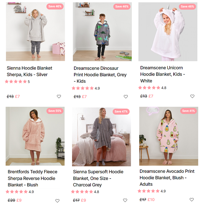 Screenshot showing Hoodie Blankets at Online Home Shop