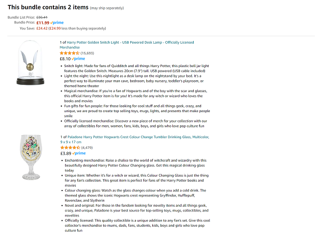 Screenshot of Harry Potter Golden Snitch Light & Colour Changing Goblet Bundle at Amazon 