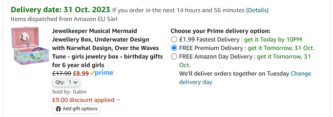 Screenshot showing Jewelkeeper Musical Jewellery Box £8.99 with voucher at Amazon