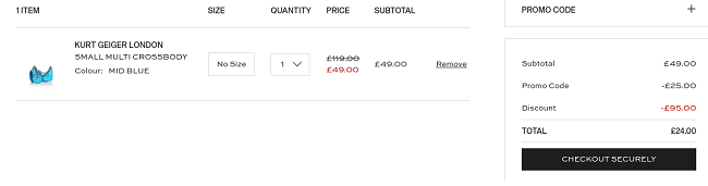 Screenshot of Kurt Geiger Bags for £24 at Shoeaholics